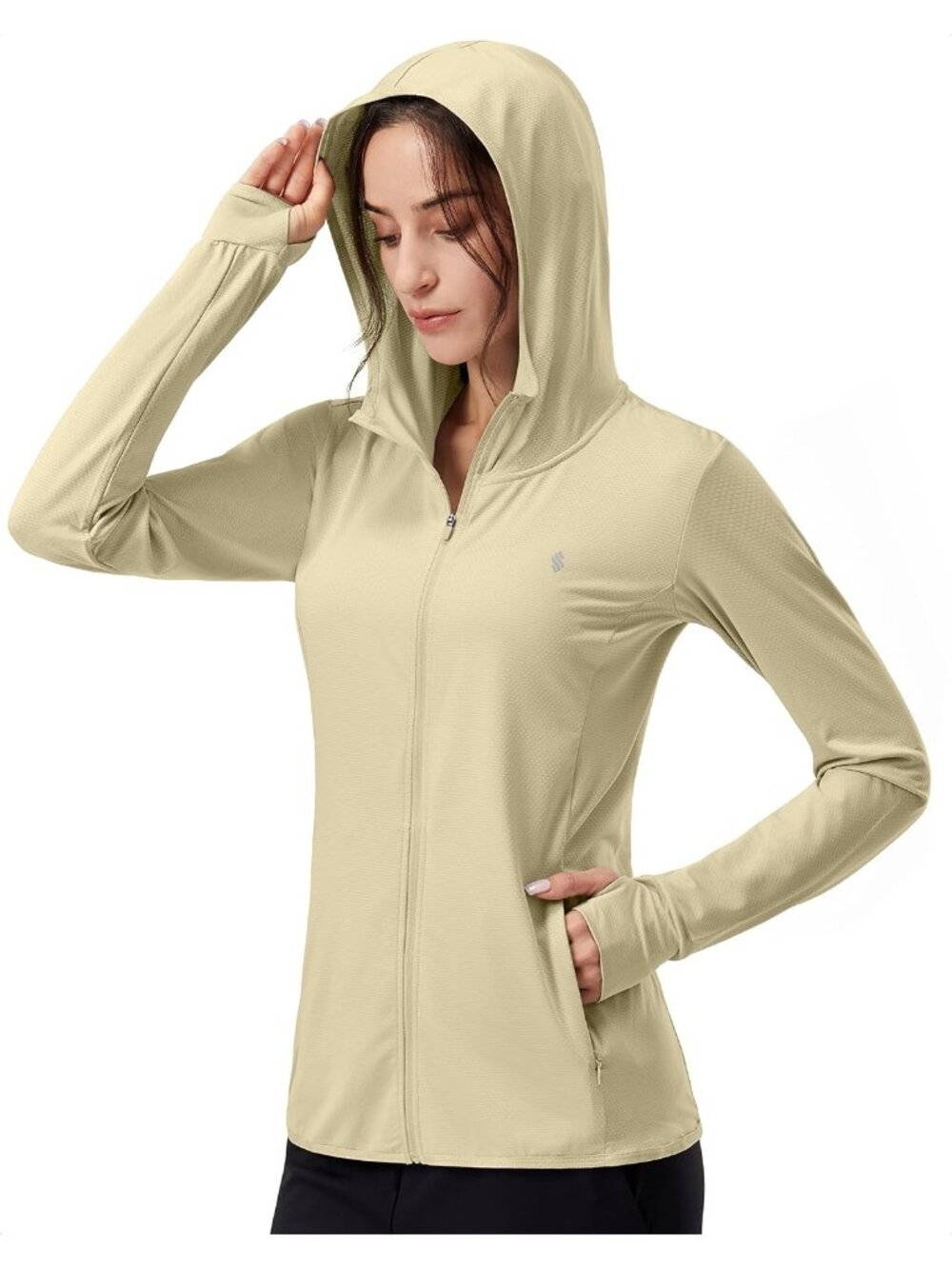 Women Khaki Hoodie Thumbhole Long Sleeve Pockets Inner Pockets Full ZIP Jacket
